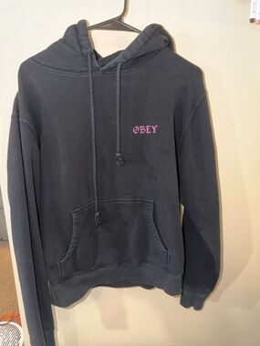Obey Black Hoodie with Pink Chest Logo